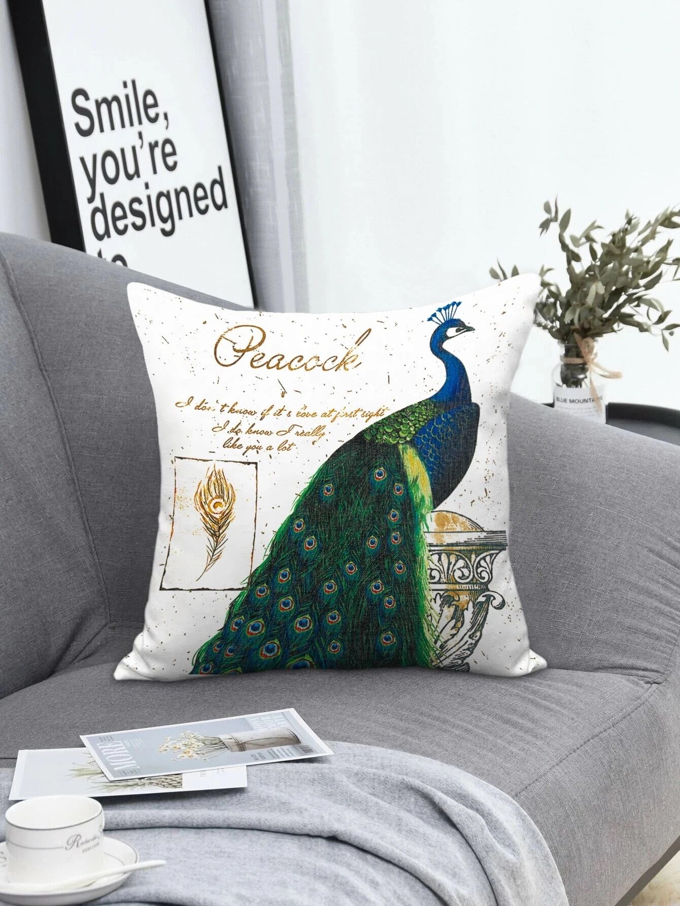 Peacock Print Cushion Cover Without Filler